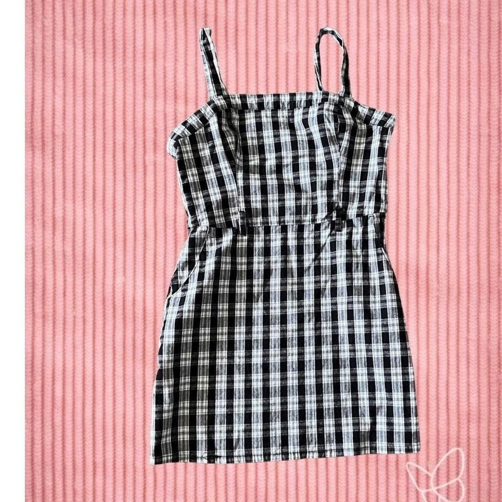 Hollister Black White Plaid Mini‎ Dress Square Neck Large Broken Zipper